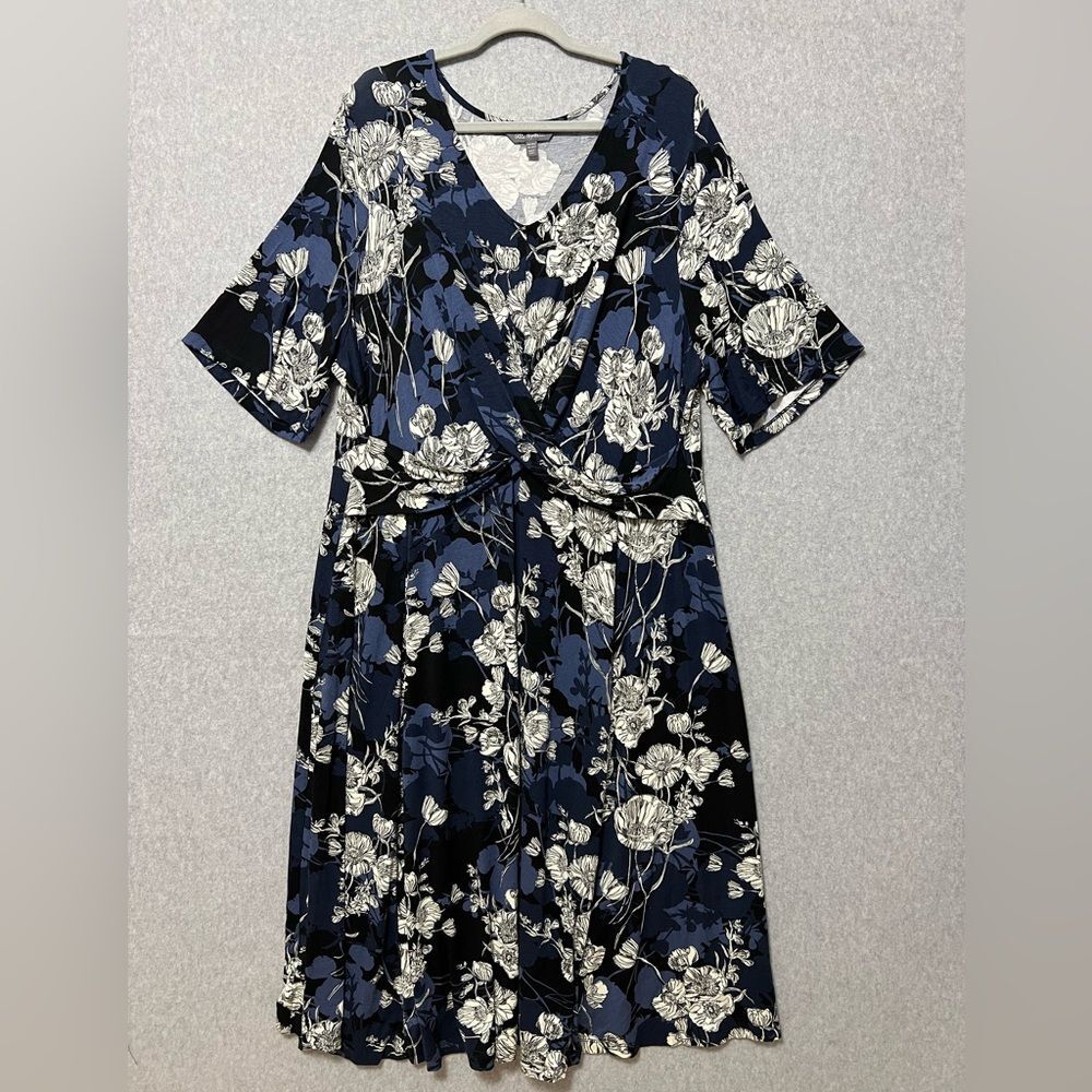 Ulla Popken Floral Midi Dress Size 2X Blue White Elbow Sleeve Dressy - Picture 2 of 10